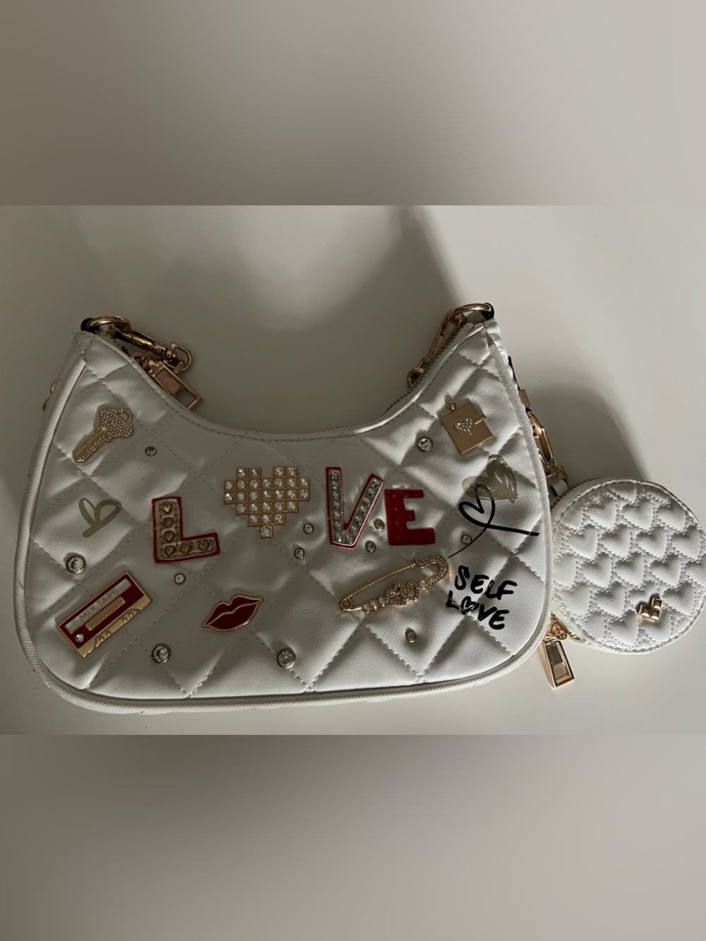 Aldo White Quilted Shoulder Bag with Gold Chain & Charm Details